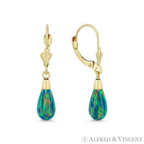 Pfau Lab-Created Opal Leverback lange Ohrhänger in 14k Gelbgold - Bild 2 von 3