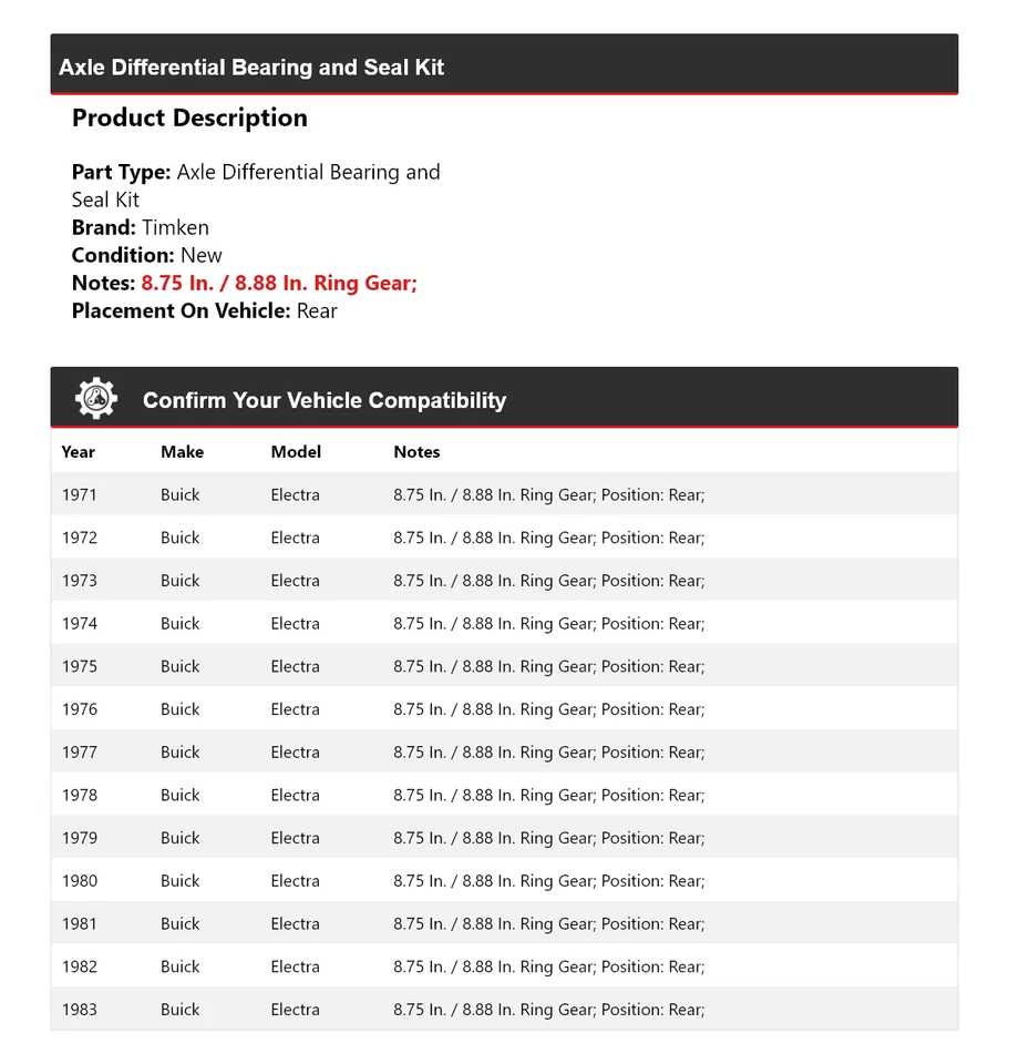 For 1971-1983 Buick Electra Axle Differential Bearing and Seal Kit Rear Timken - Image 2 of 3