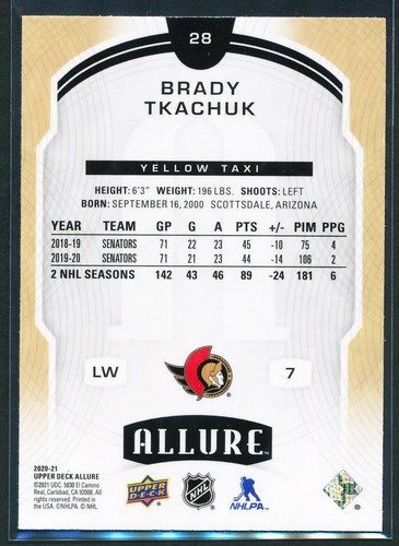 Brady Tkachuk 2020-21 Upper Deck Allure Yellow Taxi #28 Ottawa Senators - Picture 2 of 2
