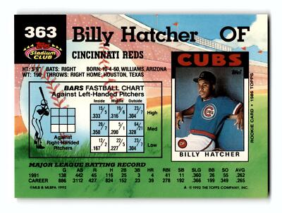 Billy Hatcher 1992 Stadium Club #363 Cincinnati Reds Mint to Gem