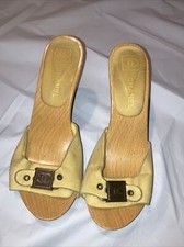 Vintage CHANEL SUEDE WOODEN HIGH HEEL MULE PLATFORM SHOES SANDALS SZ 35 CC Logo