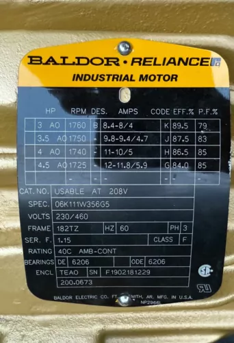 Baldor Reliance 06K111W356G5  230/460 VAC 3PH - 3HP Fan Motor - Usable at 208V