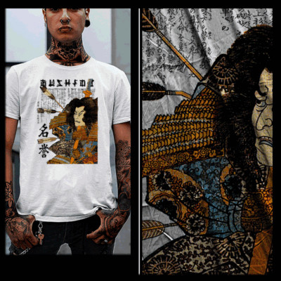 Samurai t-shirt Japanese warrior Bushido Kanji Ronin with katana and spear 