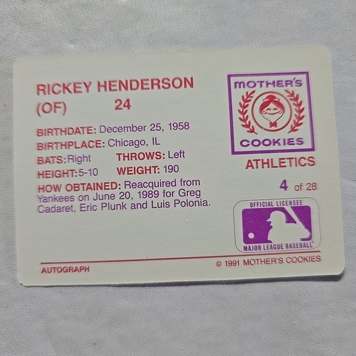 1991 Mother's Cookies Oakland Athletics Rickey Henderson #4 - Foto 2 di 6