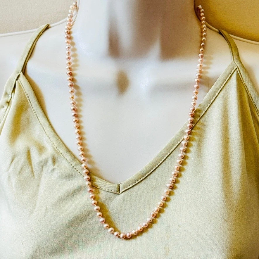 复古粉色淡水珍珠椭圆形串珠结项链镀金 24"L 领 — 第 2/4 张图片