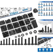 516Pc Black Metric Nut Bolt Washer Assortment Kit M3 M4 M5 M6 Hardware Screw Set