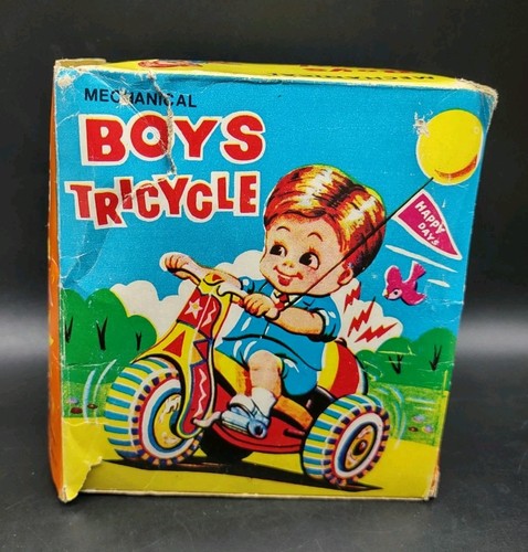 Vintage Wind up Tin Litho BOYS TRICYCLE w/  REVOLVING BELL- MTU Korea Works!