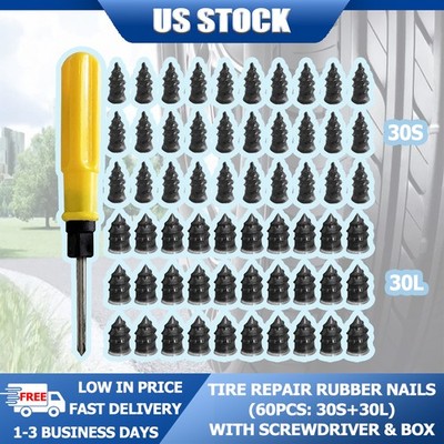 Tire Repair Rubber Nails 2 Sizes For 3-5mm Holes With Screwdriver+Box 60PCS US