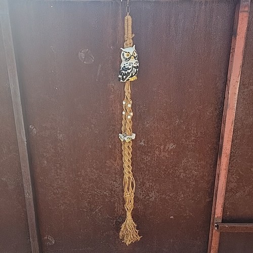VTG 70s Macrame Plant Hanger w/ Ceramic Owls 52” Long MCM RARE