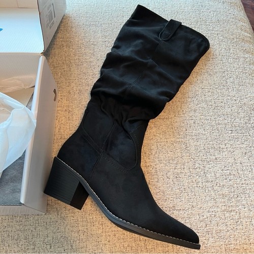 NEW in Box Dream Pairs Black Suede Stretchy Tall Boots Size 10 Short Heel - Picture 4 of 16