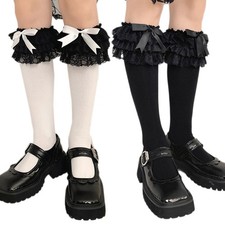 1 Pair Women Girls Sweet Black White Knee High Socks Bowknot Ruffled