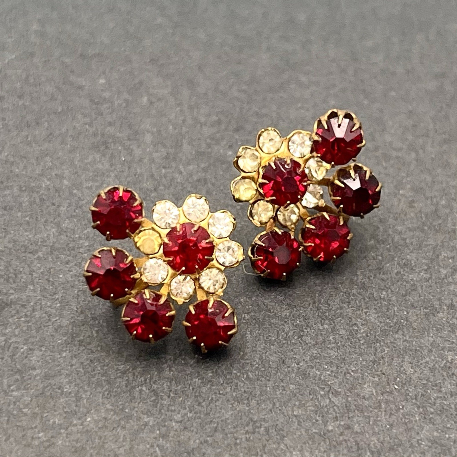Antique Ruby Rhinestone Cluster Earrings - Screwb… - image 1