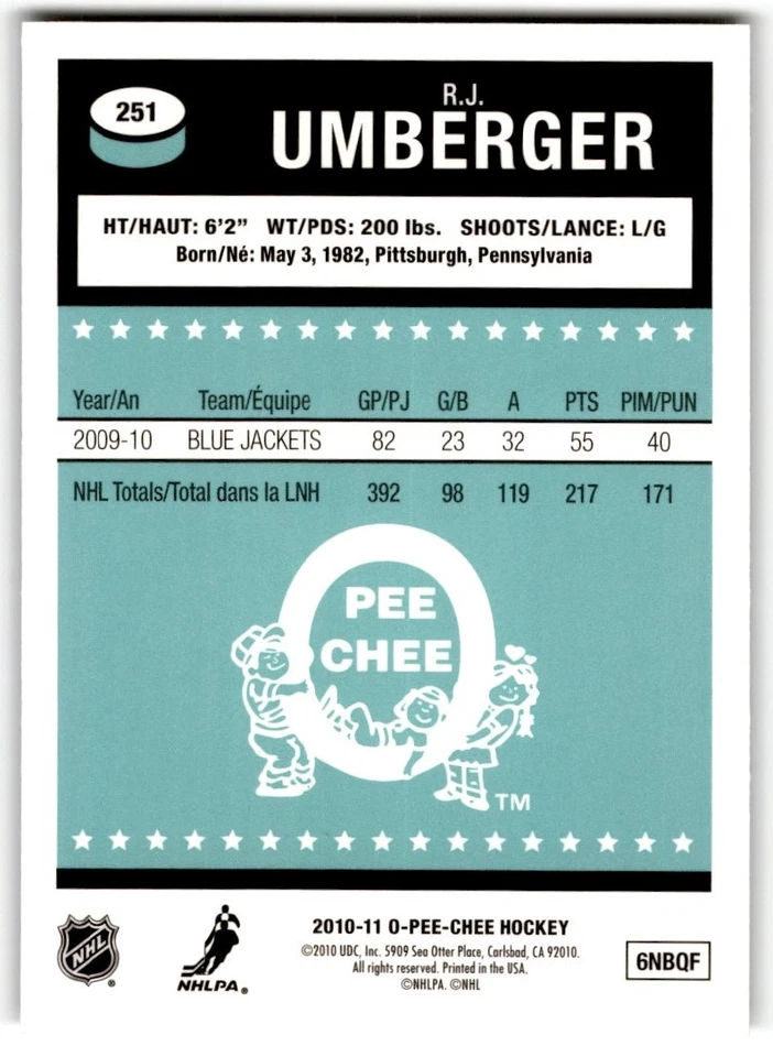 R.J. Umberger 2010-11 O-Pee-Chee Retro Rainbow #251 Columbus Blue Jackets - Image 2 of 2