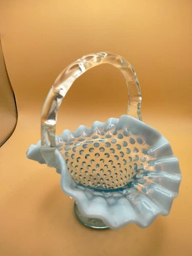Fenton Art Glass Blue Opalescent Glass Decorative Hobnail Basket 6" Tall