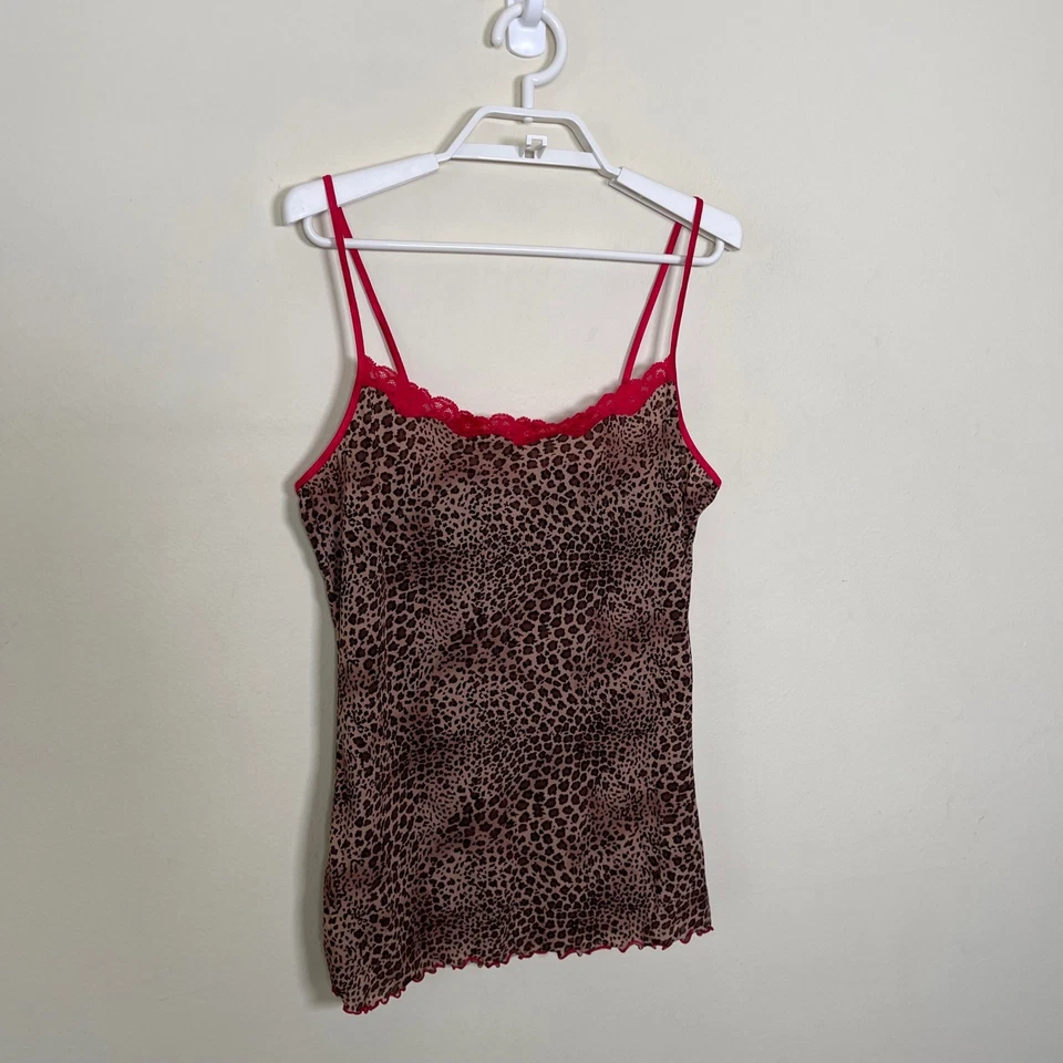 Camiseta sin mangas Maidenform Leopardo Cami XL de colección con ribete de encaje rojo estampado animal Y2K transparente Foto 4 de 4