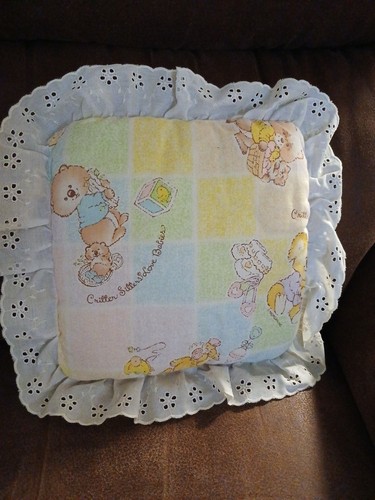 Critter Sitters Love Babies Vintage Handmade Baby Pillow Lace Trim 9" 12" Trim
