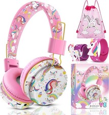 Cute Unicorn Bluetooth Headphones, 85dB Safe Volume Limit, Wireless 3.5mm W...