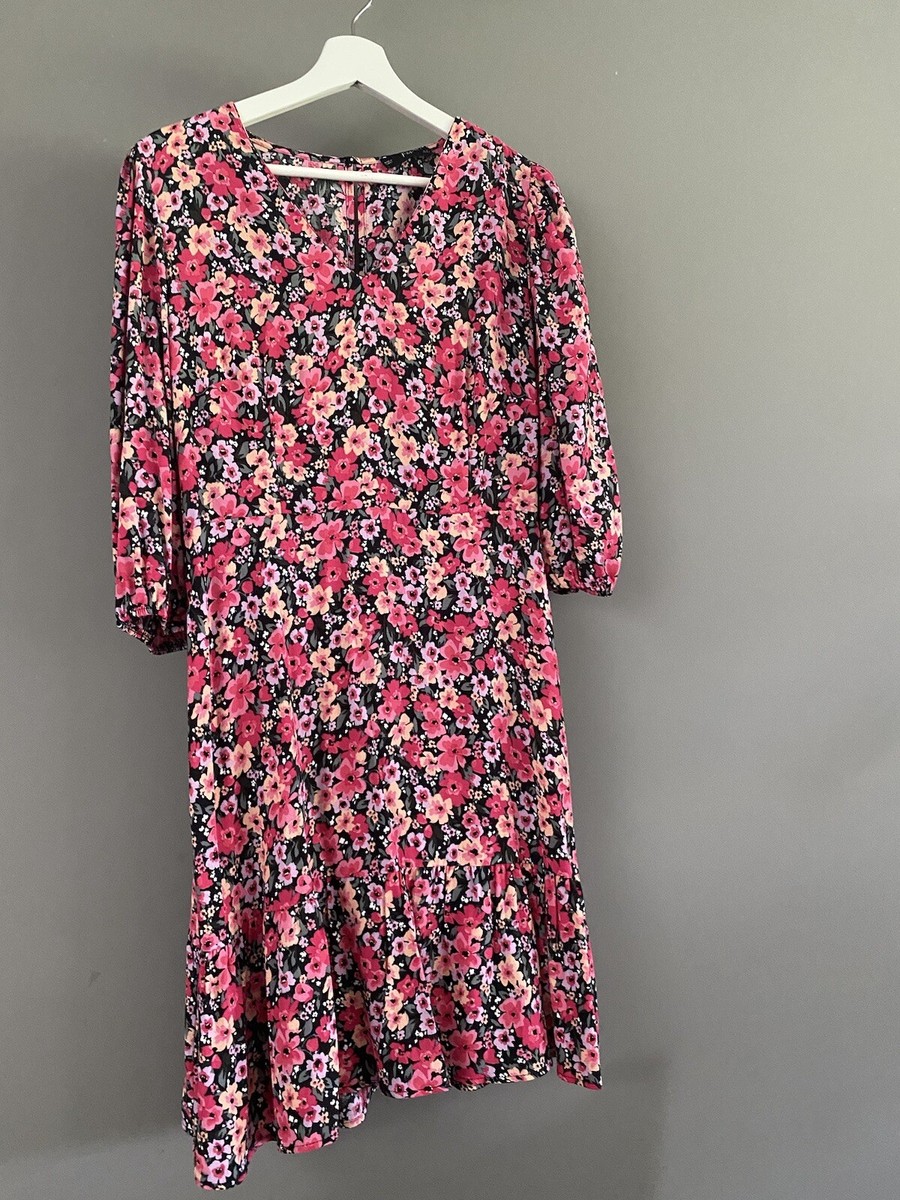 F&F Tesco Pink Black Floral Ditsy Print Knee Dress Size 12