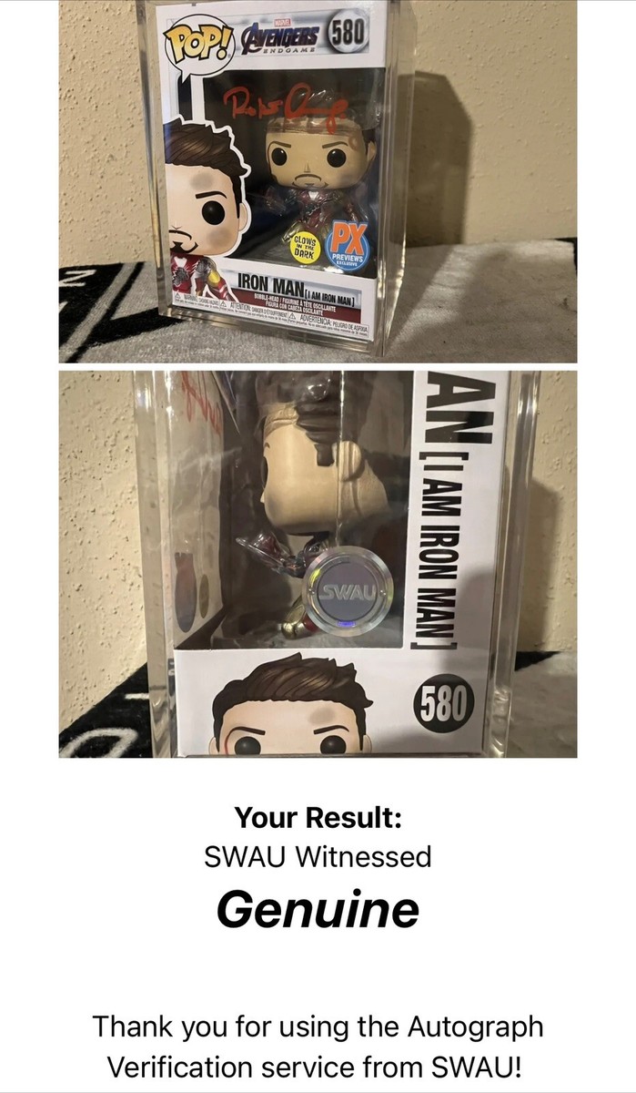Funko Pop Iron Man autographed by Robert Downey Jr. SWAU