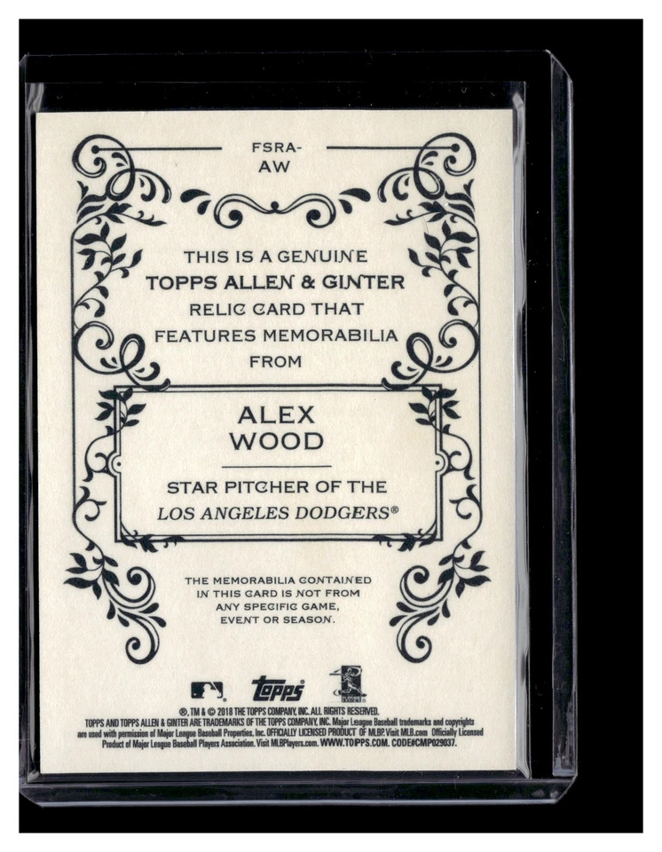 2018 Topps Allen & Ginter Full-Size Relics #FSRA-AW Alex Wood MEM - Image 2 of 2