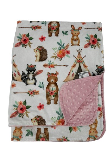 Honey Lemonade Baby Minky Blanket Pink Woodland Tribe Animals Teepee 30”x40” - Picture 2 of 3