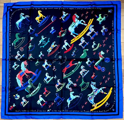 HERMES Raconte-Moi Le Cheval 90cm 100% silk Scarf France Blue