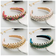 Women Baroque Headband Rhinestone Beaded Padded Hairband Wedding Party Accessory