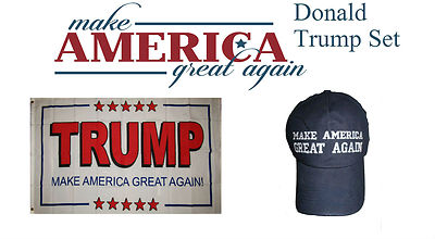 Bandiera 3x5 Piedi E Cappello Donald Trump Presidente - Bianco #2 Blu, 100% Poliestere, Nuova Con Etichette