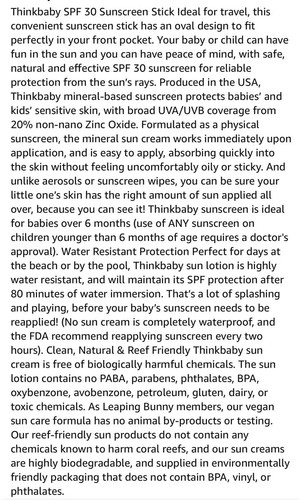 Thinkbaby SPF 30 Zinc Oxide Sunscreen Stick (.64 Oz.) Water Resistant Ex 04/25 - Picture 3 of 6
