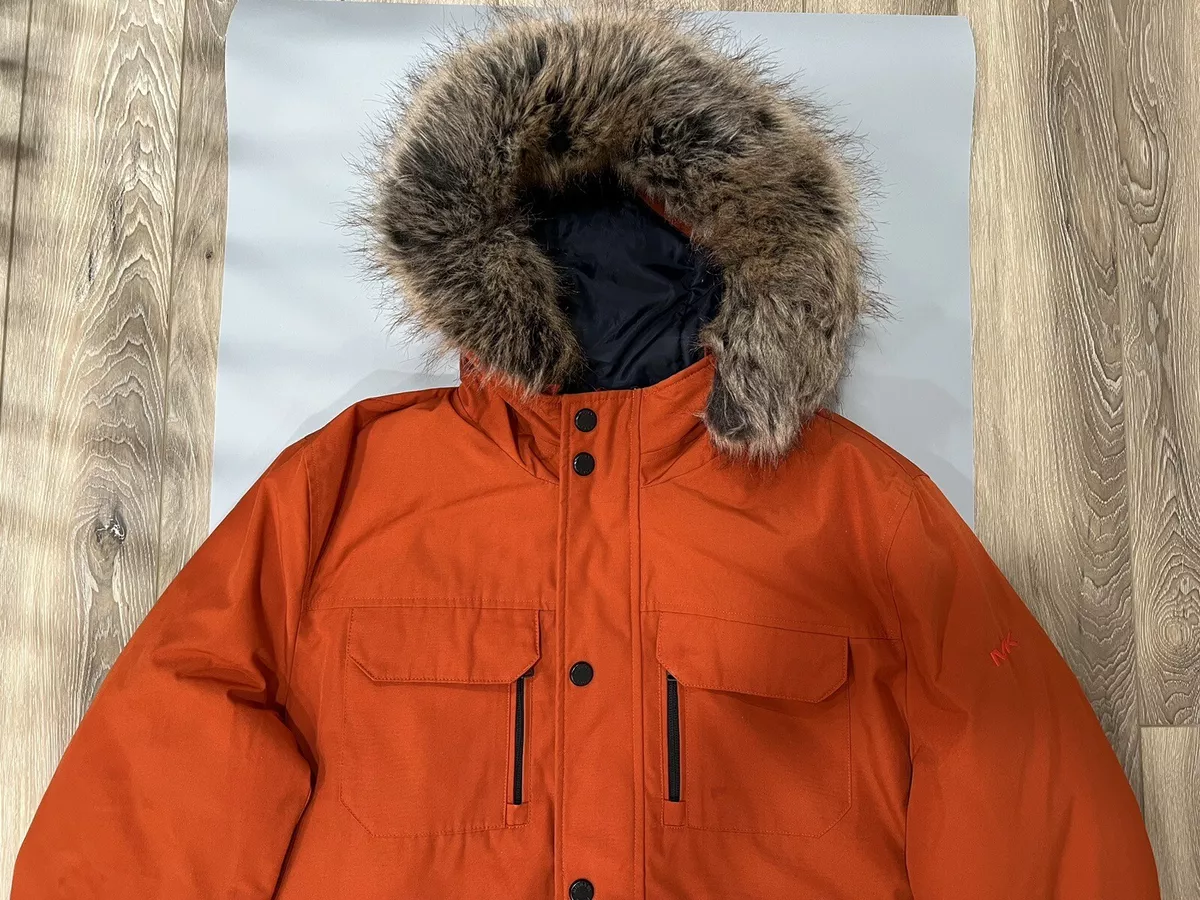 Michael Kors Men s Puffer Coat Orange Insulated Jacket Size M Detachable Fur
