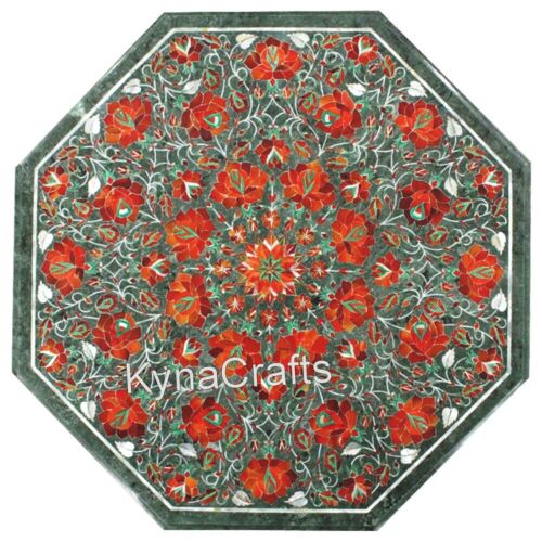 21 Inches Coffee Table Top Inlaid with Floral Design Green Marble Balcony Table
