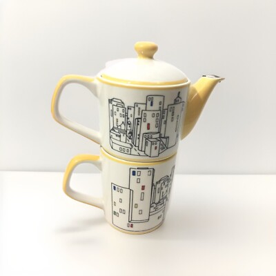 Hues N Brews Tea Pot & Mug Stacker Set Tea For One Set Skyline New