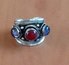 Tibetan Silver Amethyst Coral Ring Adjustable