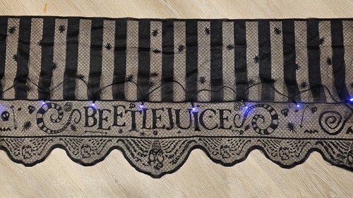 BEETLEJUICE Striped Black Lace Halloween Mantle Scarf Purple Lights 60"x20" - Picture 3 of 7