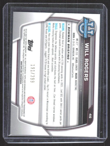 2022 Bowman University Chrome #46 Will Rogers Mississippi State Bulldogs - Picture 2 of 2