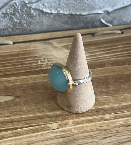 Treisi Oval Blue Chalcedony Ring 24K Gold Veiled Stone Sterling Silver Band- New - Picture 21 of 24