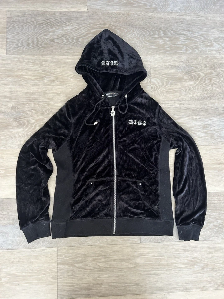 BCBGMAXAZRIA черный измельченный бархат молнии толстовка с капюшоном Crown графический готический сценарий Y2K - Изображение 3 из 4