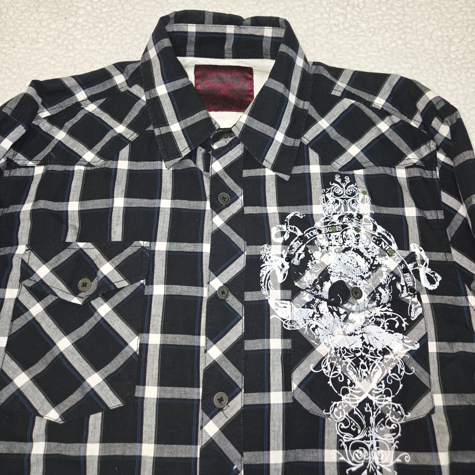 Modern Culture Unique Casual Long Sleeve Button Down Graphic Shirt Sz XL Black - Image 2 of 4