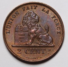 1870 Belgium 2 Centimes Copper Coin KM# 35.1
