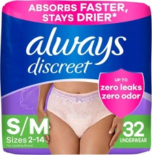 Always Discreet Maximum Protection Incontinence Underwear for Women, S/M, 32 Ct