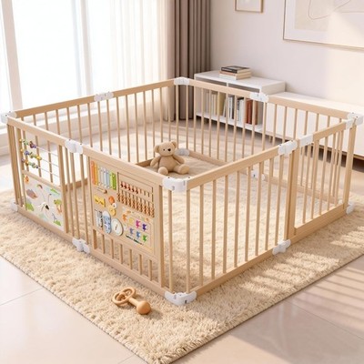 63''x63''x27'' Foldable Wooden Baby Playpen w/ Game Board & Gate for Toddler Infant