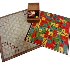 Vintage Halma/Snakes and Ladders Board Game Set with Wooden Pieces