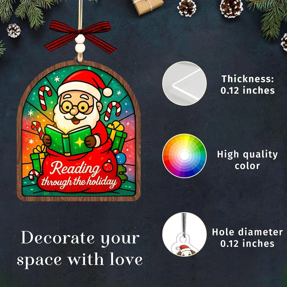 Adorno de Navidad para amantes de los libros 2025, adorno acrílico 2D Suncatcher, árbol para gusanos de biblioteca Foto 3 de 4