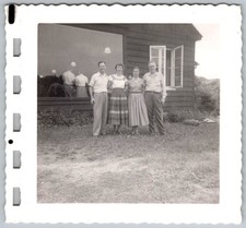 Vtg B&W Snapshot Two Couples Friends Standing Outside Cabin House 1950s