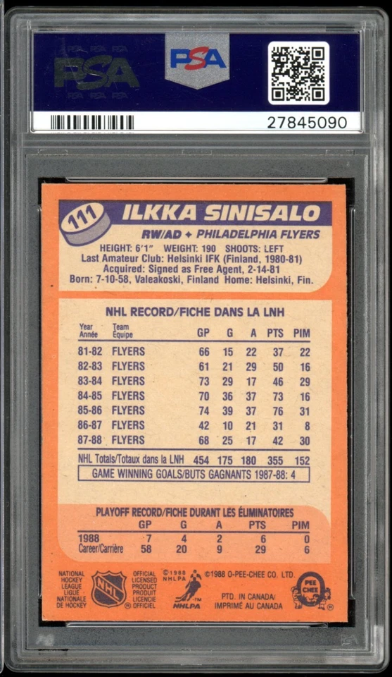 1988-89 O-Pee-Chee #111 Ilkka Sinisalo PSA 9 Mint - Image 2 of 2
