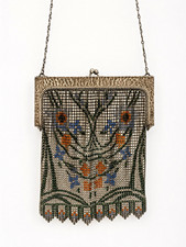 Vintage Whiting  Davis Enamel Mesh Evening Purse Floral Art Deco Silver Tone
