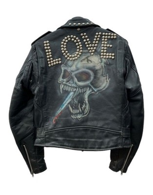 SCHOTT DOUBLE leather motorcycle jacket  Studded Skull LOVE Paint size 40