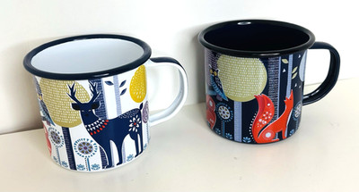 Folklore Set of 2 Enamel Coffee Mug Cup Fox Bear Owl Bird Deer modern designs