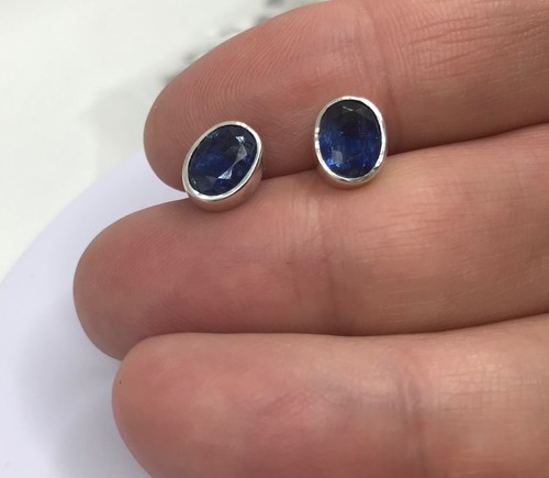 Kyanite oval stud earrings, solid Sterling Silver, faceted, 8 x 6mm. Gift Box. - Picture 5 of 9