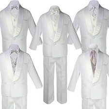 Baby Boy White Satin Shawl Lapel Tuxedo SILVER Satin Bow Necktie Vest Set